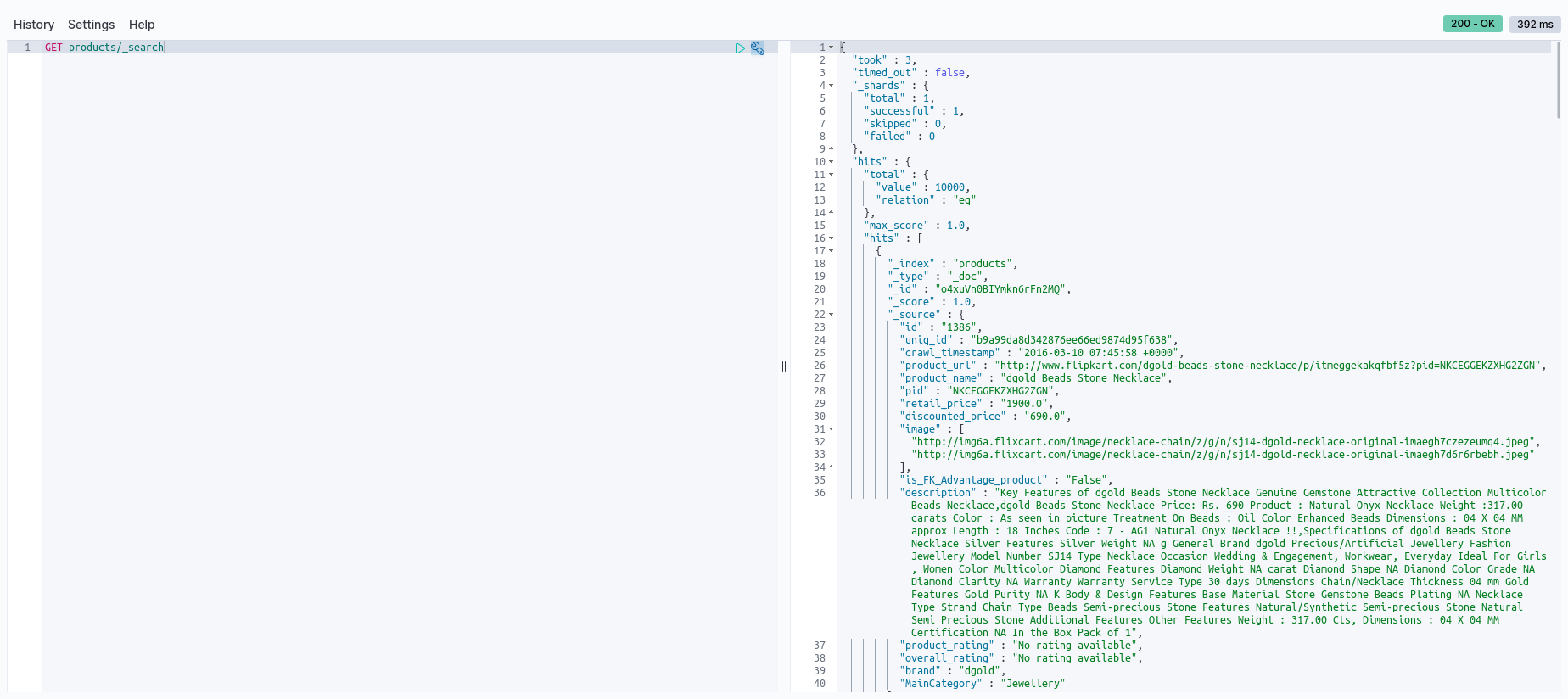 Screenshot: A simple search query on Kibana Devtools console